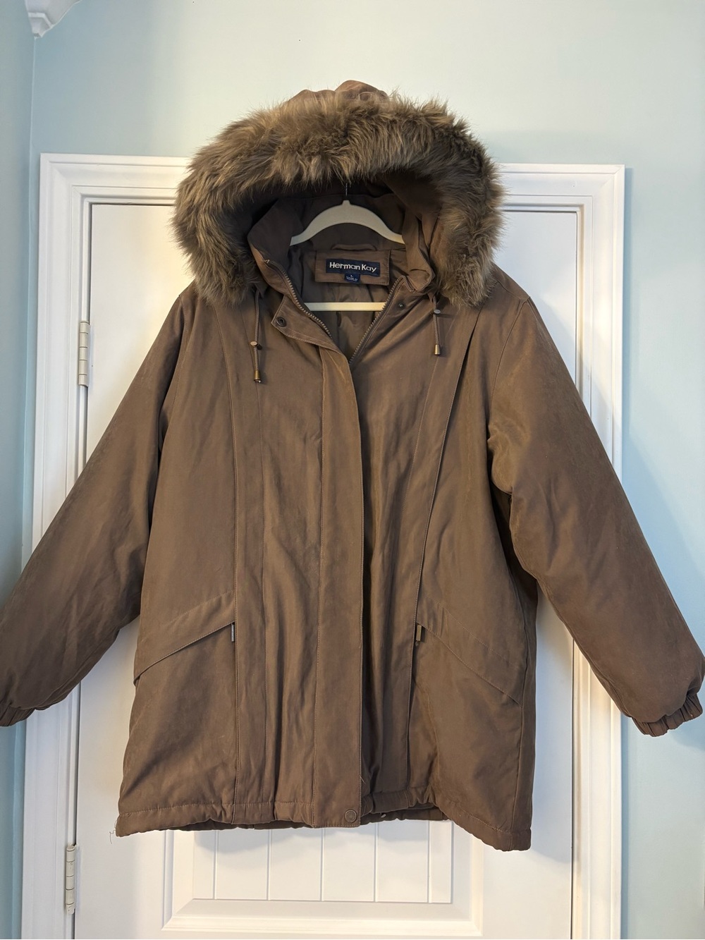 Vintage Herman Kay Women's Brown Hooded Coat with Faux Fur Trim